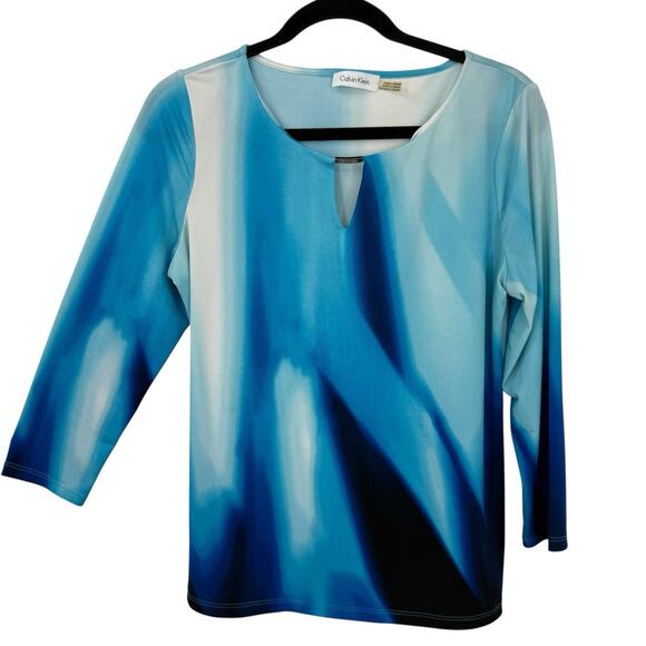 Calvin Klein Slinky knit top Women size Medium Watercolor Blue Long Sleeve - Picture 1 of 8